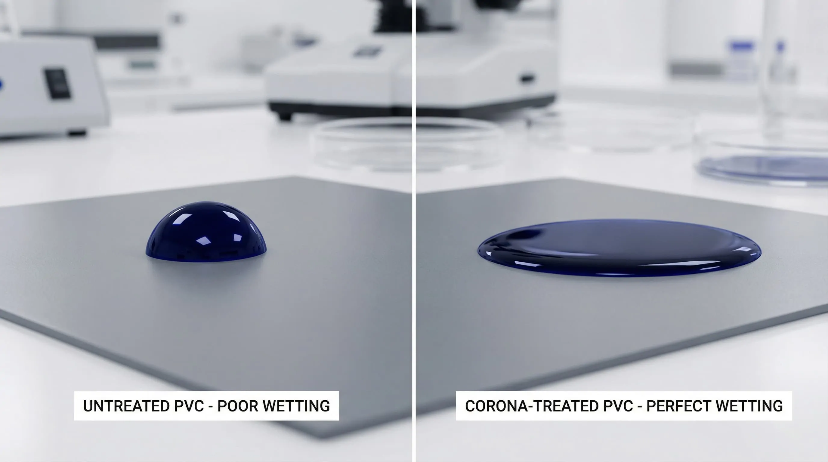 Macro photography showing how corona treatment increases surface energy. On the left, ink beads up on untreated PVC (poor wetting). On the right, ink spreads perfectly flat on corona-treated PVC (excellent wetting and adhesion). Comparison of ink droplet wetting on untreated versus corona-treated PVC plastic sheet surfaces